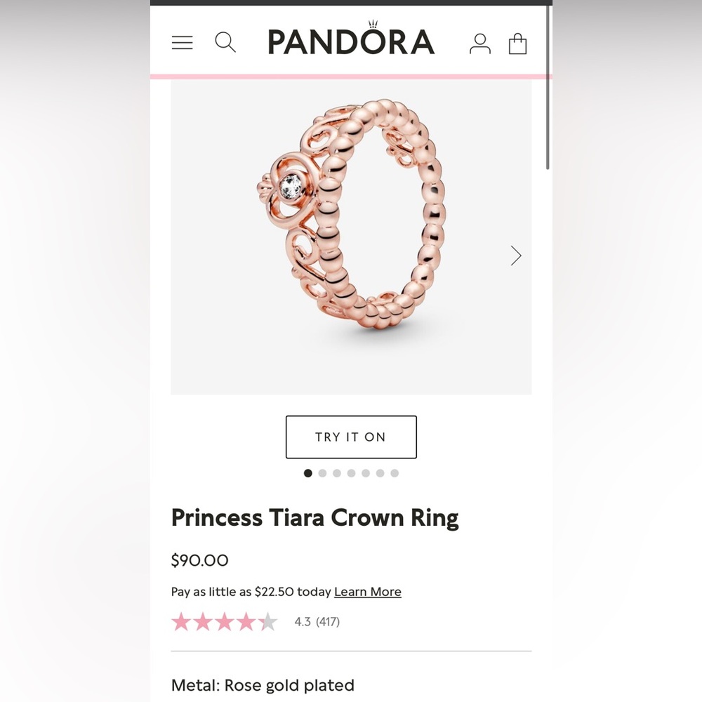 COPY - Pandora rose gold plate princess tiara crown ring size 5